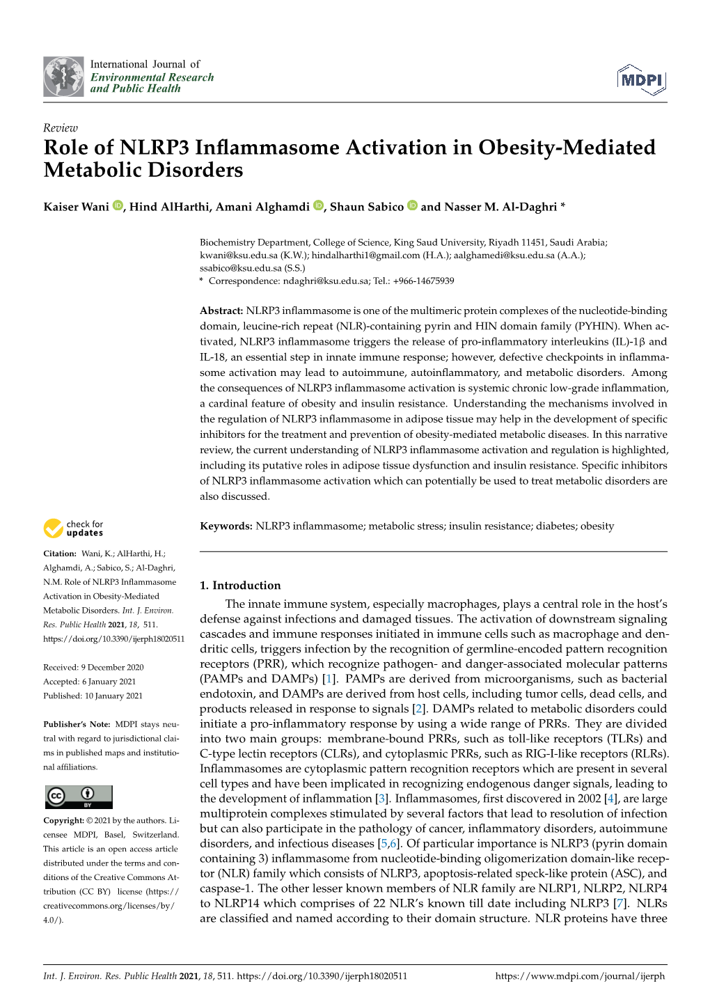 Role of NLRP3 Inflammasome Activation in Obesity-Mediated