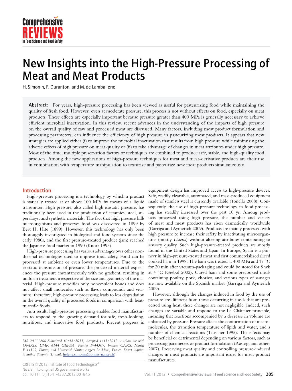 New Insights Into the High-Pressure Processing of Meat and Meat Products H