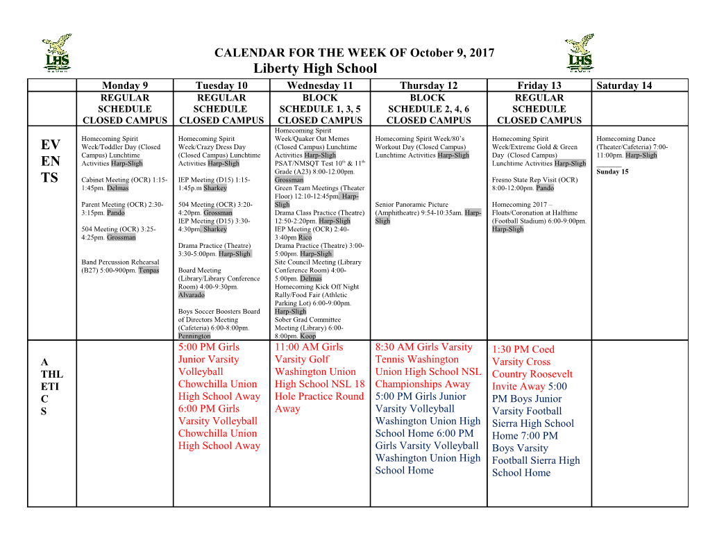 CALENDAR for the WEEK of October 9, 2017