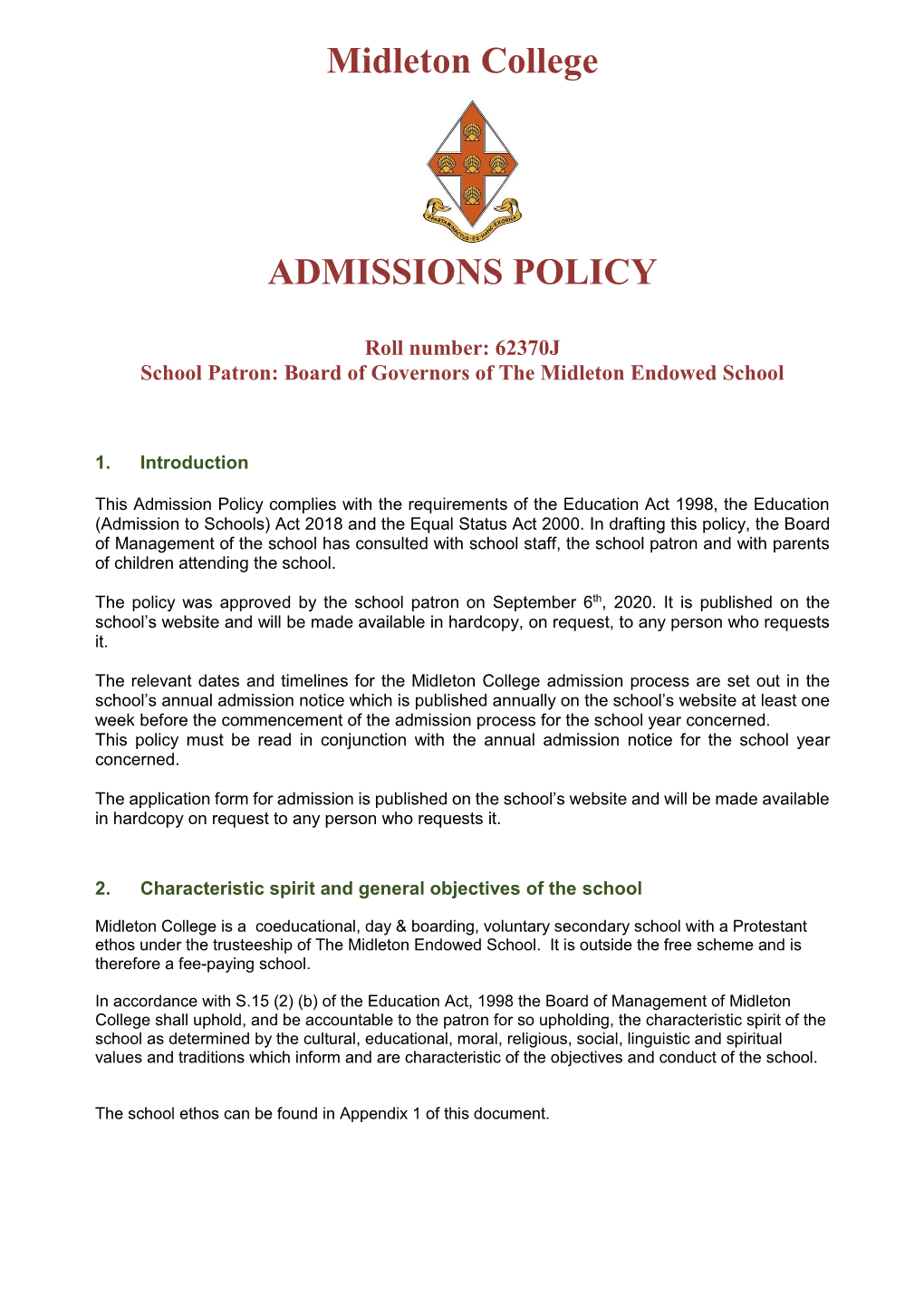 Midleton College ADMISSIONS POLICY