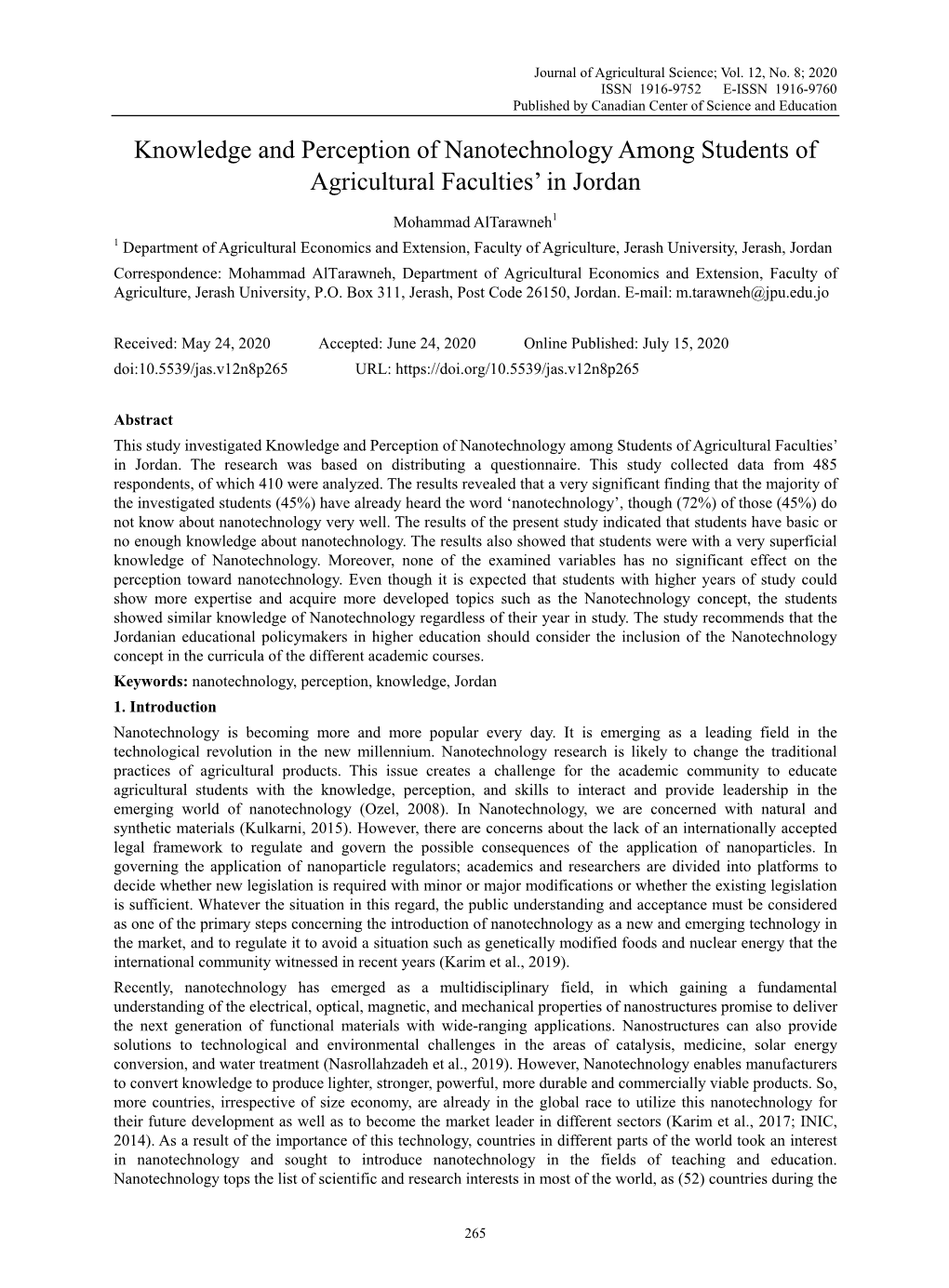 Knowledge and Perception of Nanotechnology Among Students of Agricultural Faculties’ in Jordan