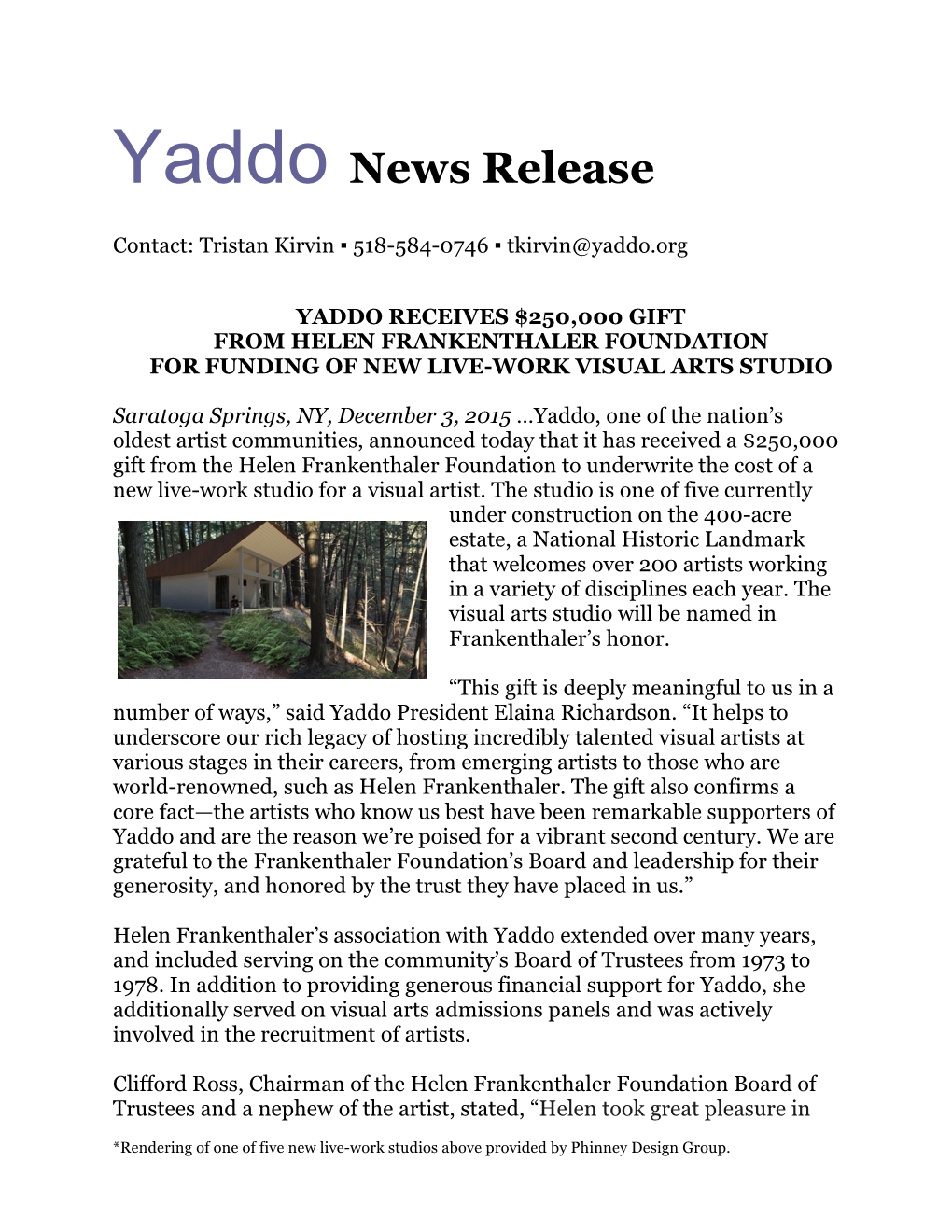 Yaddo News Release