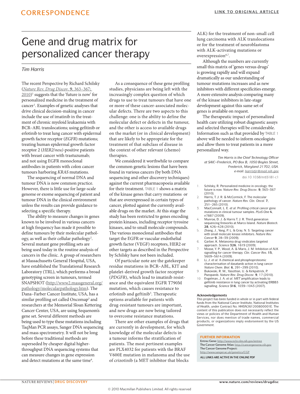 Gene and Drug Matrix for Personalized Cancer Therapy