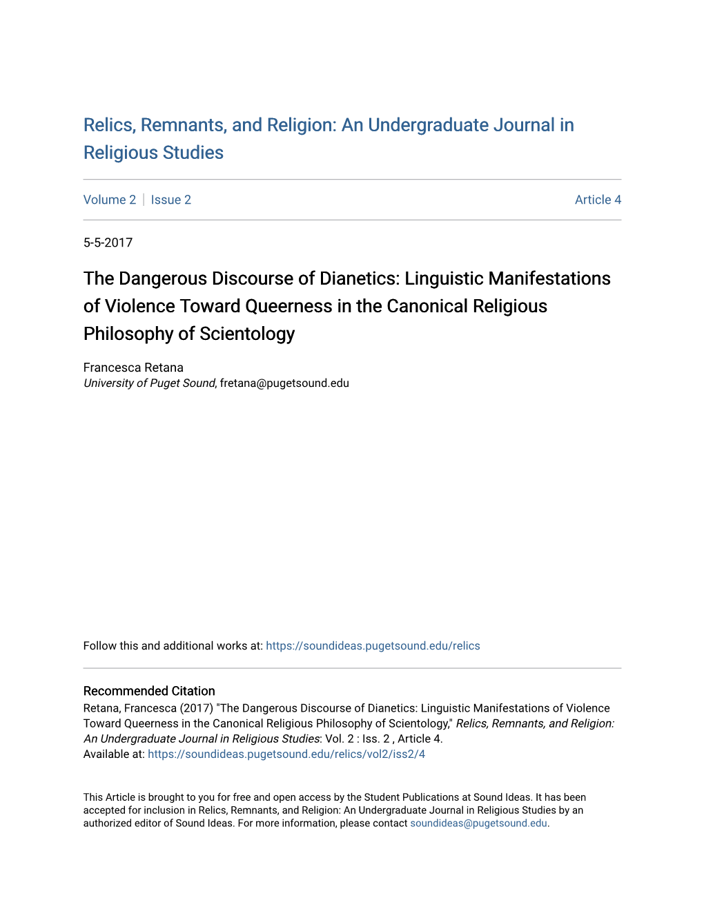 The Dangerous Discourse of Dianetics: Linguistic Manifestations of Violence Toward Queerness in the Canonical Religious Philosophy of Scientology