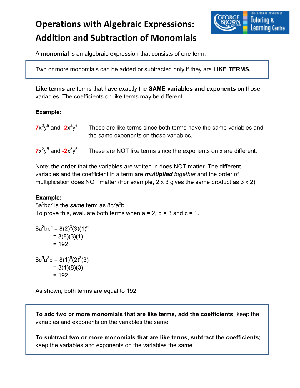 Operations with Algebraic Expressions: Addition and Subtraction of Monomials