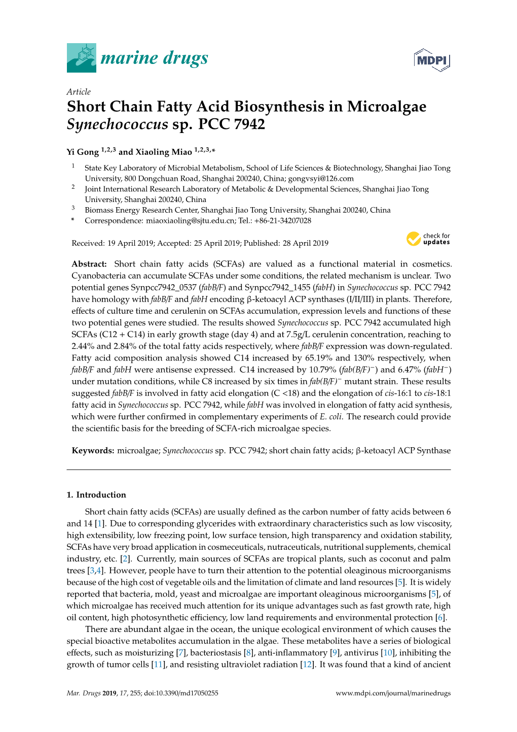 Short Chain Fatty Acid Biosynthesis in Microalgae Synechococcus Sp. PCC 7942