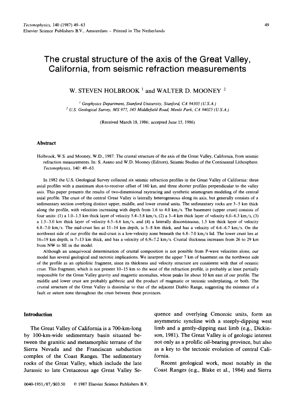 The Crustal Structure of the Axis of the Great Valley, California, from Seismic Refraction Measurements