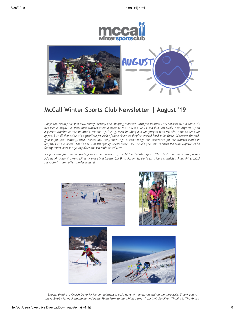 Mccall Winter Sports Club Newsletter | August '19