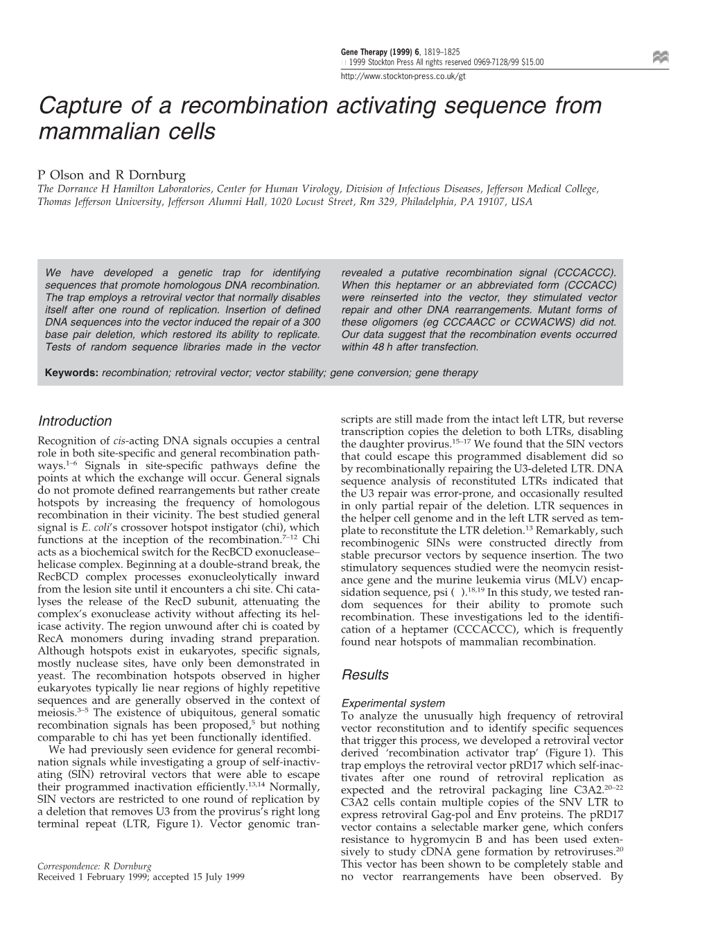 Capture of a Recombination Activating Sequence from Mammalian Cells