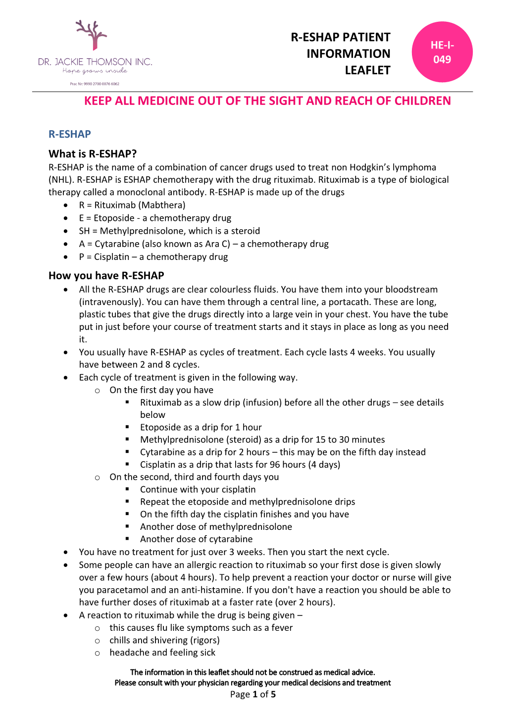 R-Eshap Patient Information Leaflet Keep All Medicine