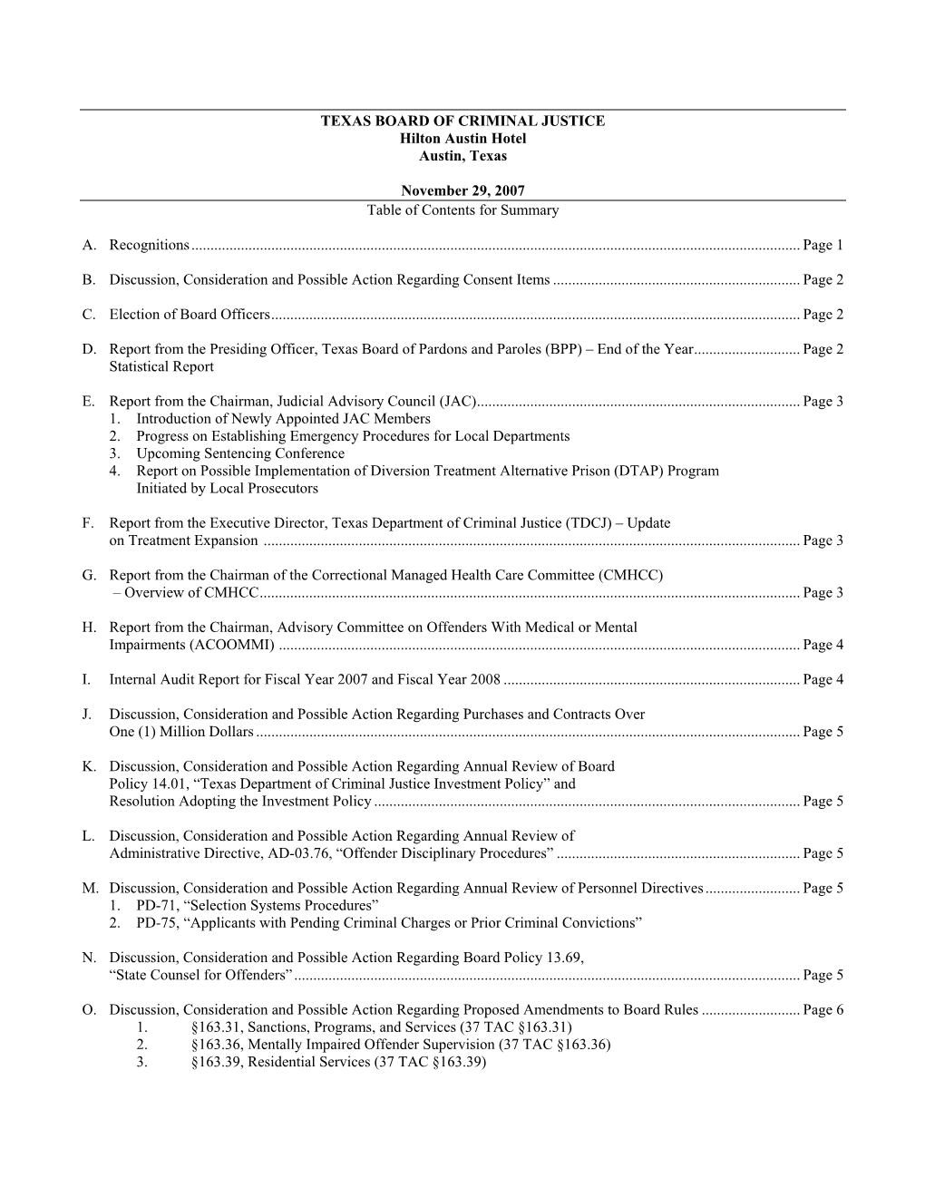 November 29, 2007 Table of Contents for Summary