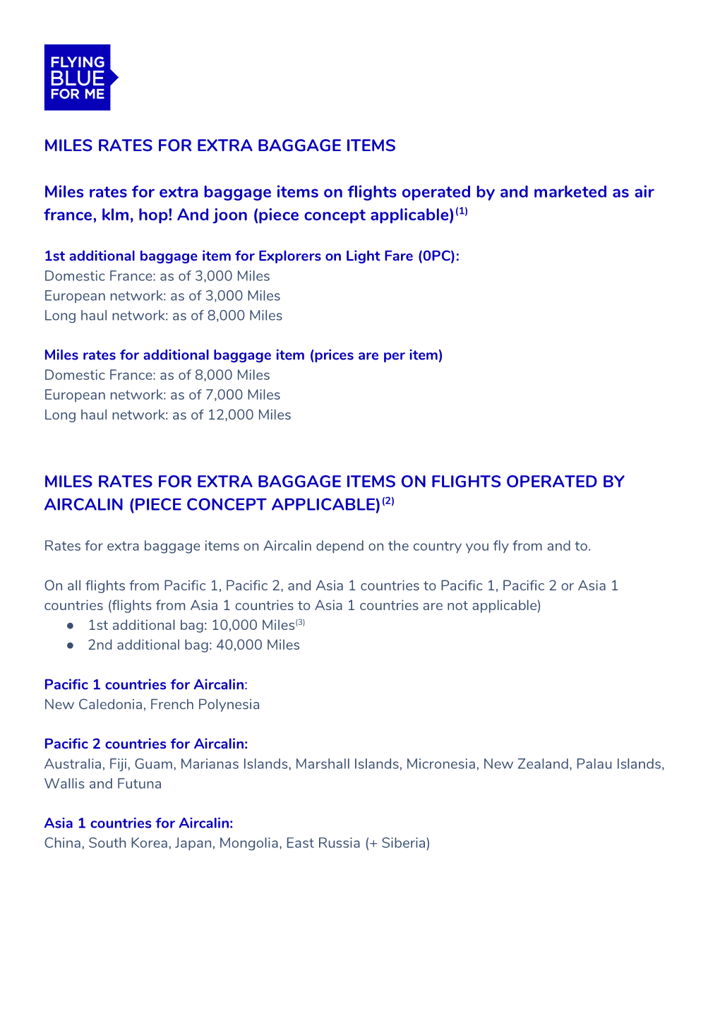 Miles Rates for Extra Baggage Items