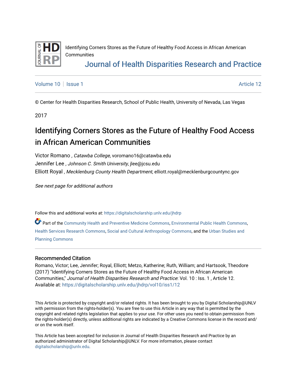 Identifying Corners Stores As the Future of Healthy Food Access in African American Communities Journal of Health Disparities Research and Practice