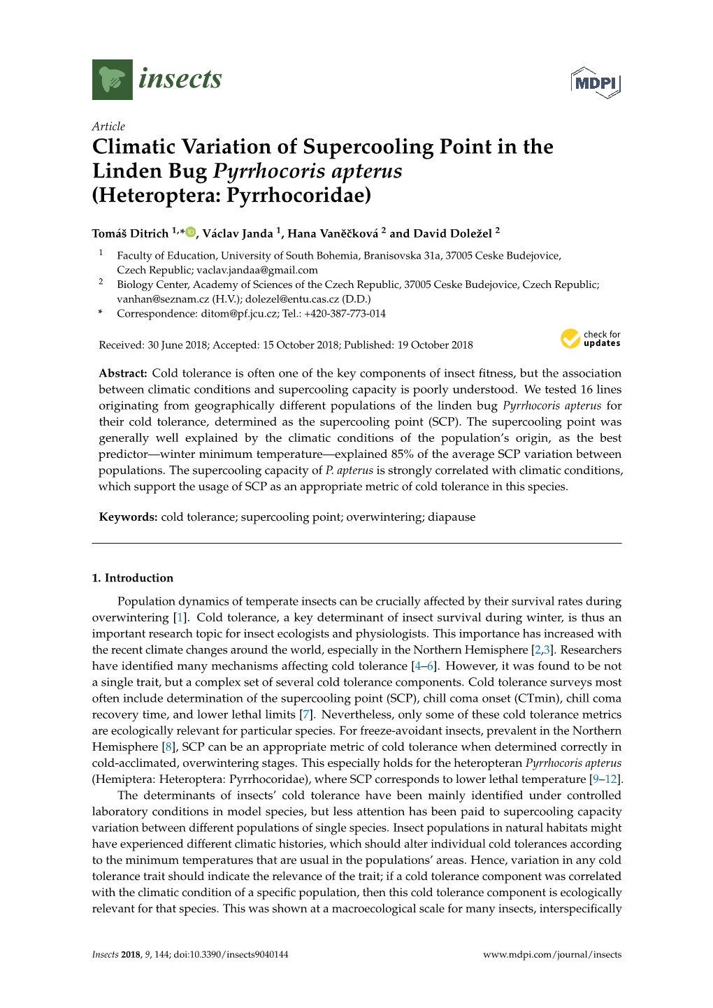 Climatic Variation of Supercooling Point in the Linden Bug Pyrrhocoris Apterus (Heteroptera: Pyrrhocoridae)