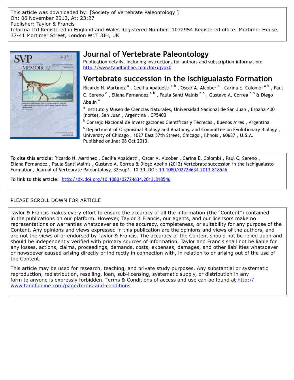 Vertebrate Succession in the Ischigualasto Formation Ricardo N