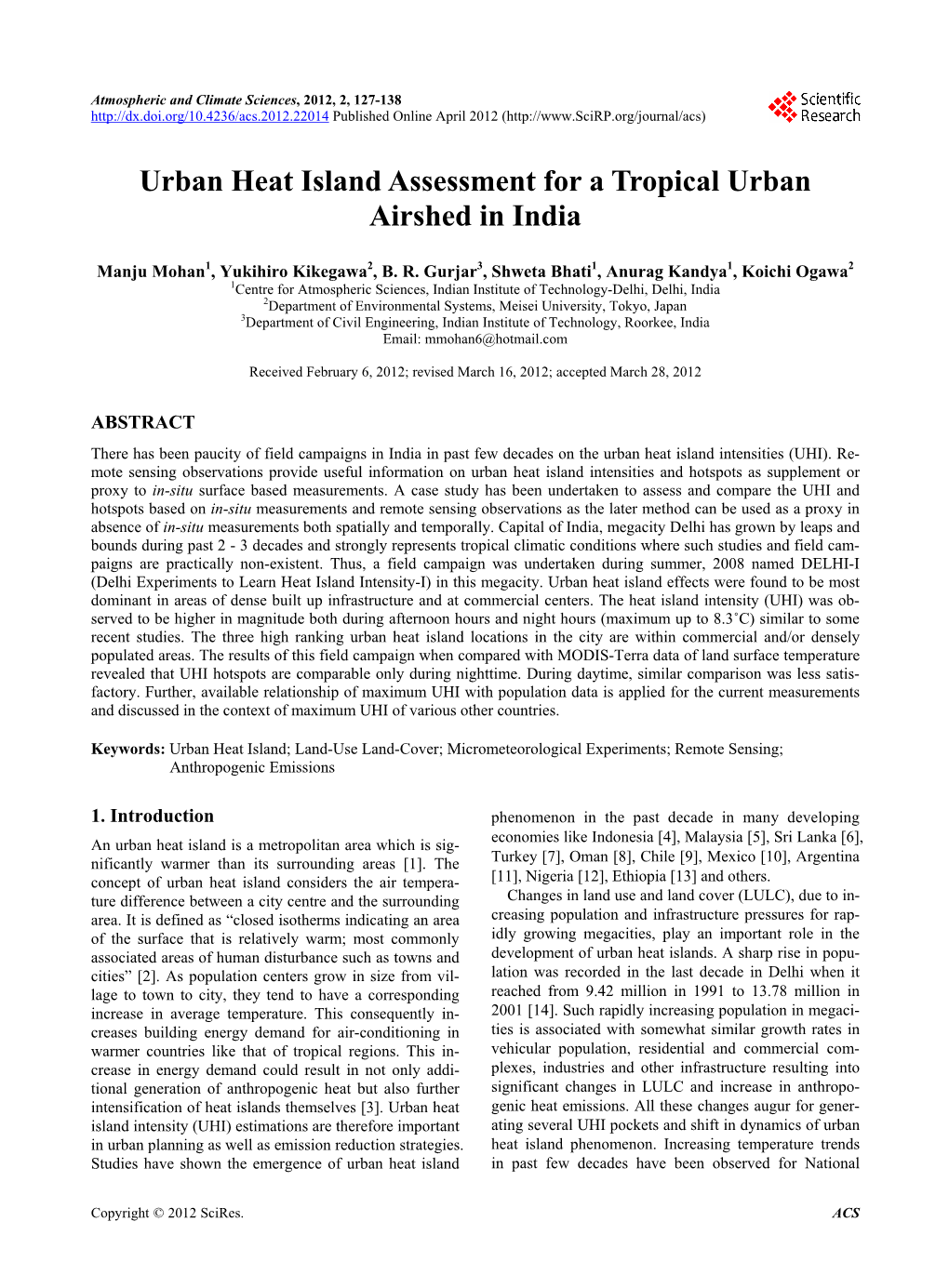 Urban Heat Island Assessment for a Tropical Urban Airshed in India