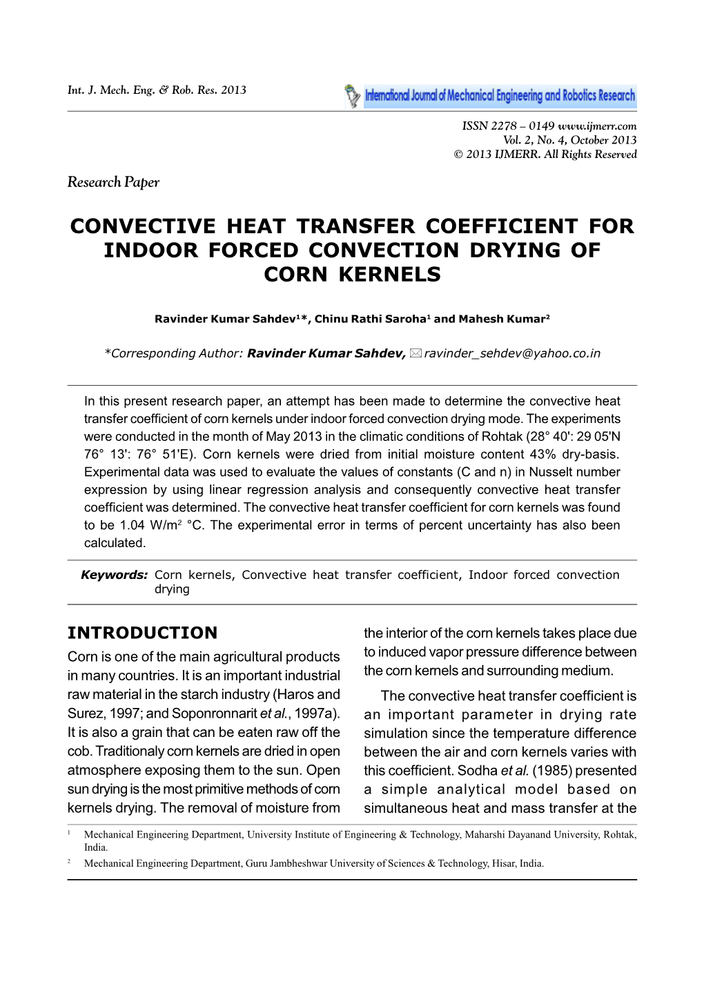 Convective Heat Transfer Coefficient for Indoor Forced Convection Drying of Corn Kernels