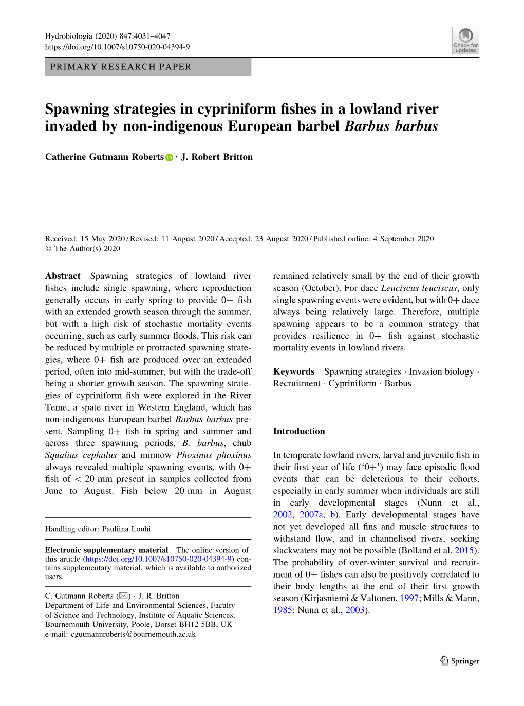 Spawning Strategies in Cypriniform Fishes in a Lowland River Invaded By