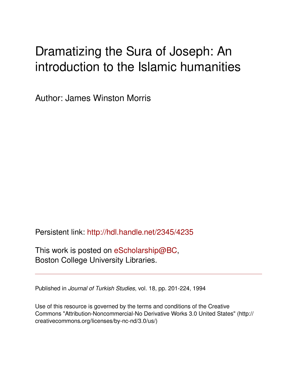 Dramatizing the Sura of Joseph: an Introduction to the Islamic Humanities