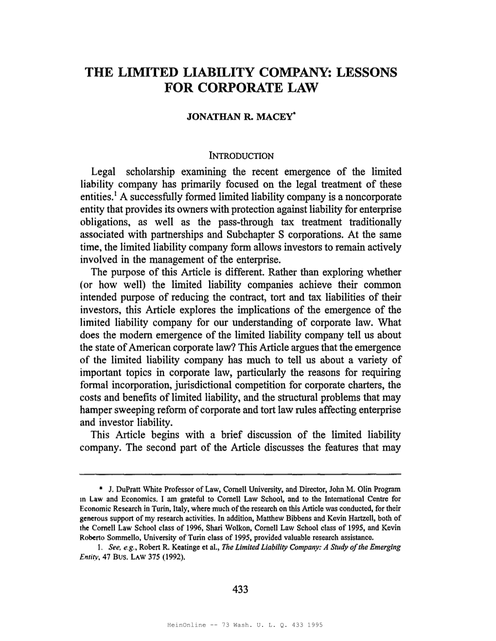 The Limited Liability Company: Lessons for Corporate Law