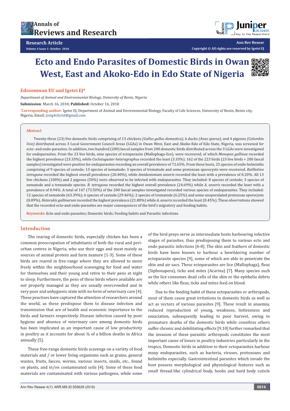 Ecto and Endo Parasites of Domestic Birds in Owan West, East and Akoko-Edo in Edo State of Nigeria