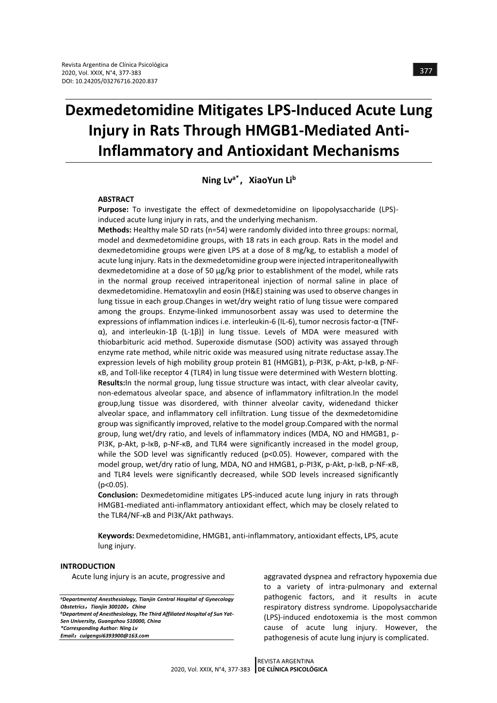 Dexmedetomidine Mitigates LPS-Induced Acute Lung Injury in Rats Through HMGB1-Mediated Anti- Inflammatory and Antioxidant Mechanisms