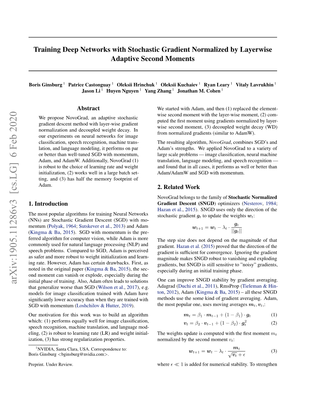 Training Deep Networks with Stochastic Gradient Normalized by Layerwise Adaptive Second Moments