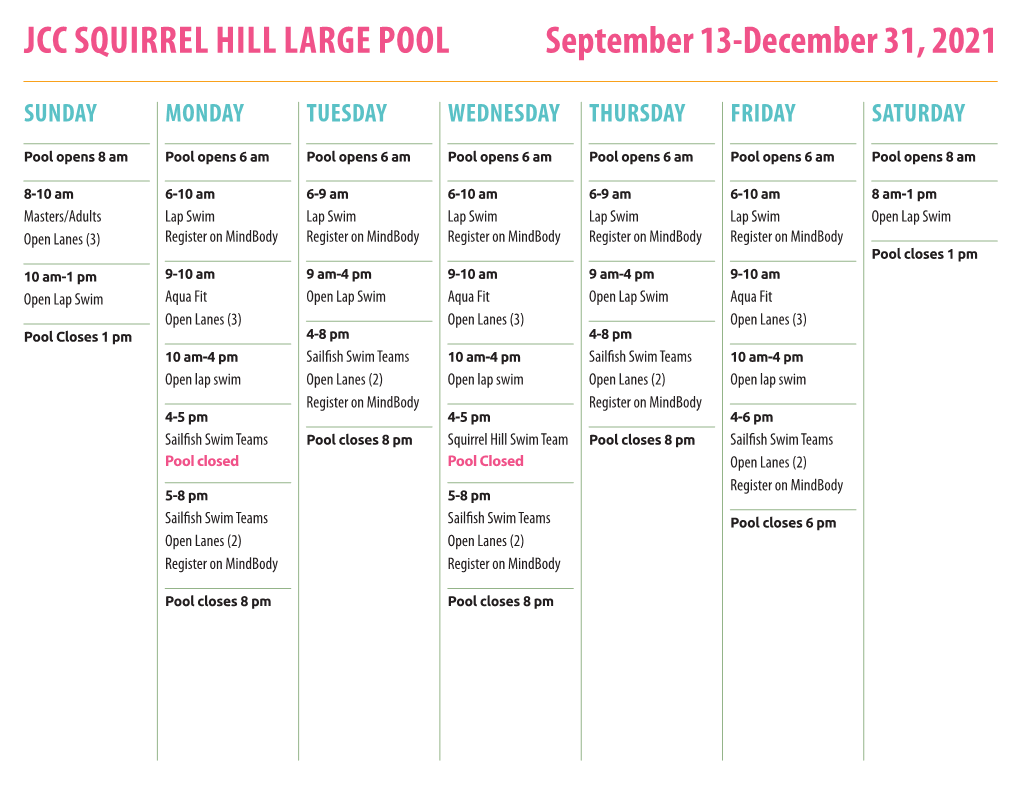 JCC SQUIRREL HILL LARGE POOL September 13-December 31, 2021