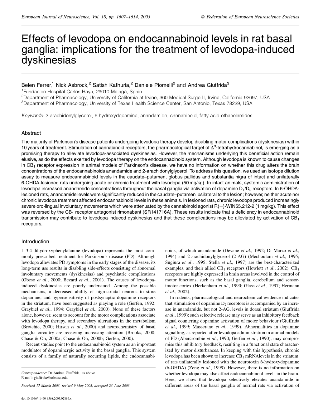 Effects of Levodopa on Endocannabinoid Levels in Rat Basal Ganglia: Implications for the Treatment of Levodopa-Induced Dyskinesias