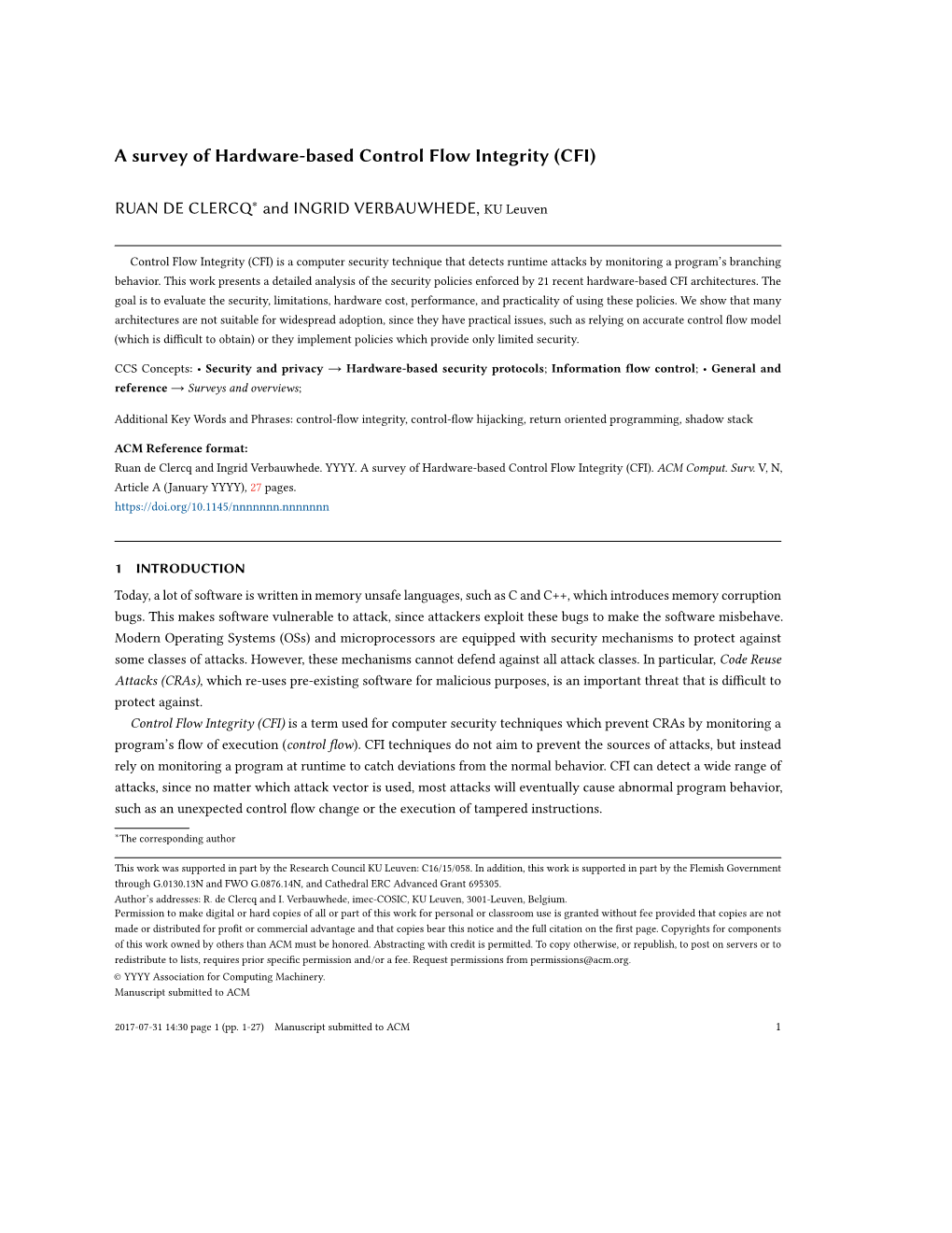 A Survey of Hardware-Based Control Flow Integrity (CFI)