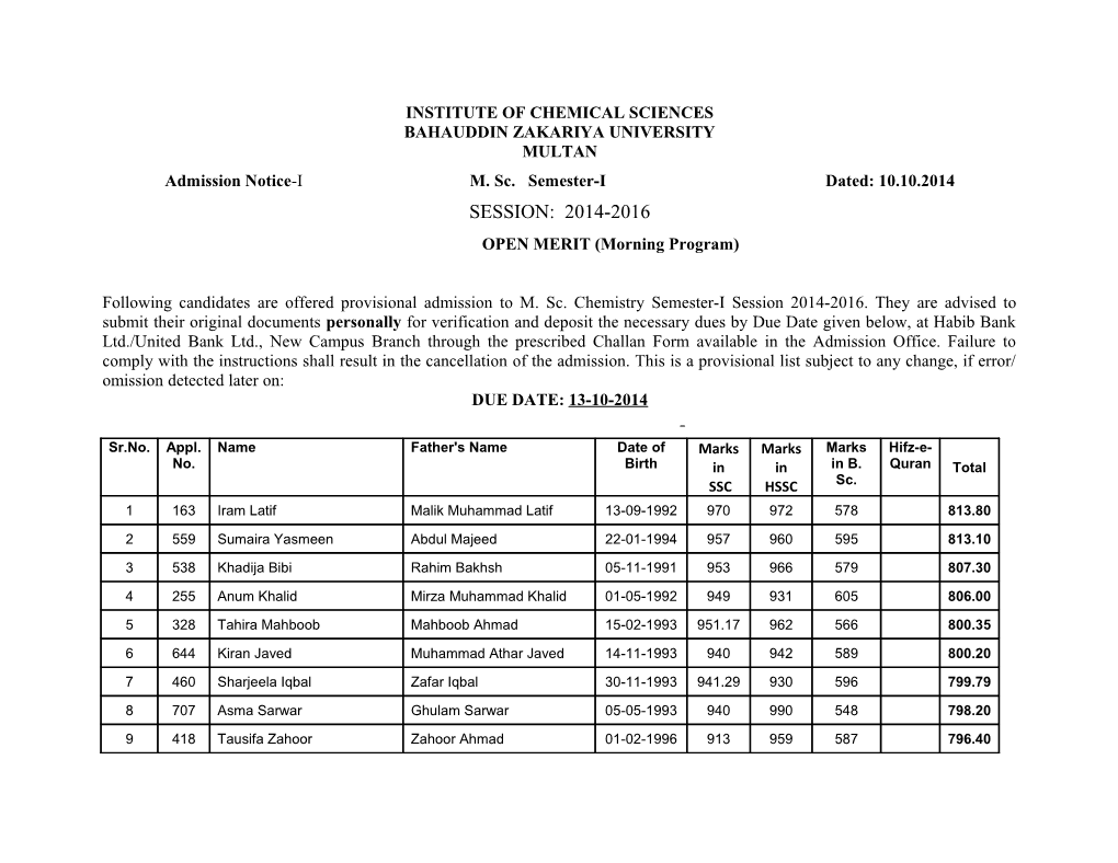 Admission Notice-I M. Sc. Semester-I Dated: 10.10.2014