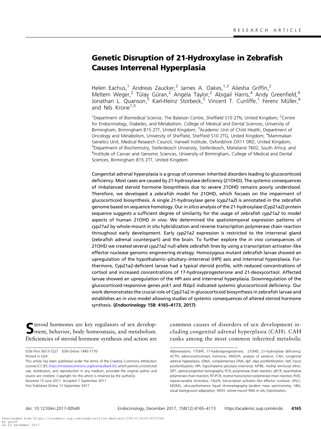 Genetic Disruption of 21-Hydroxylase in Zebrafish Causes Interrenal Hyperplasia