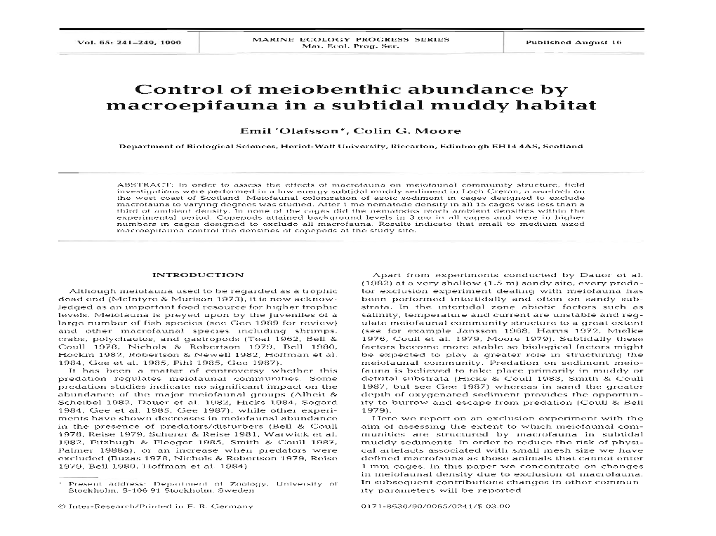 Control of Meiobenthic Abundance by Macroepifauna in a Subtidal Muddy Habitat