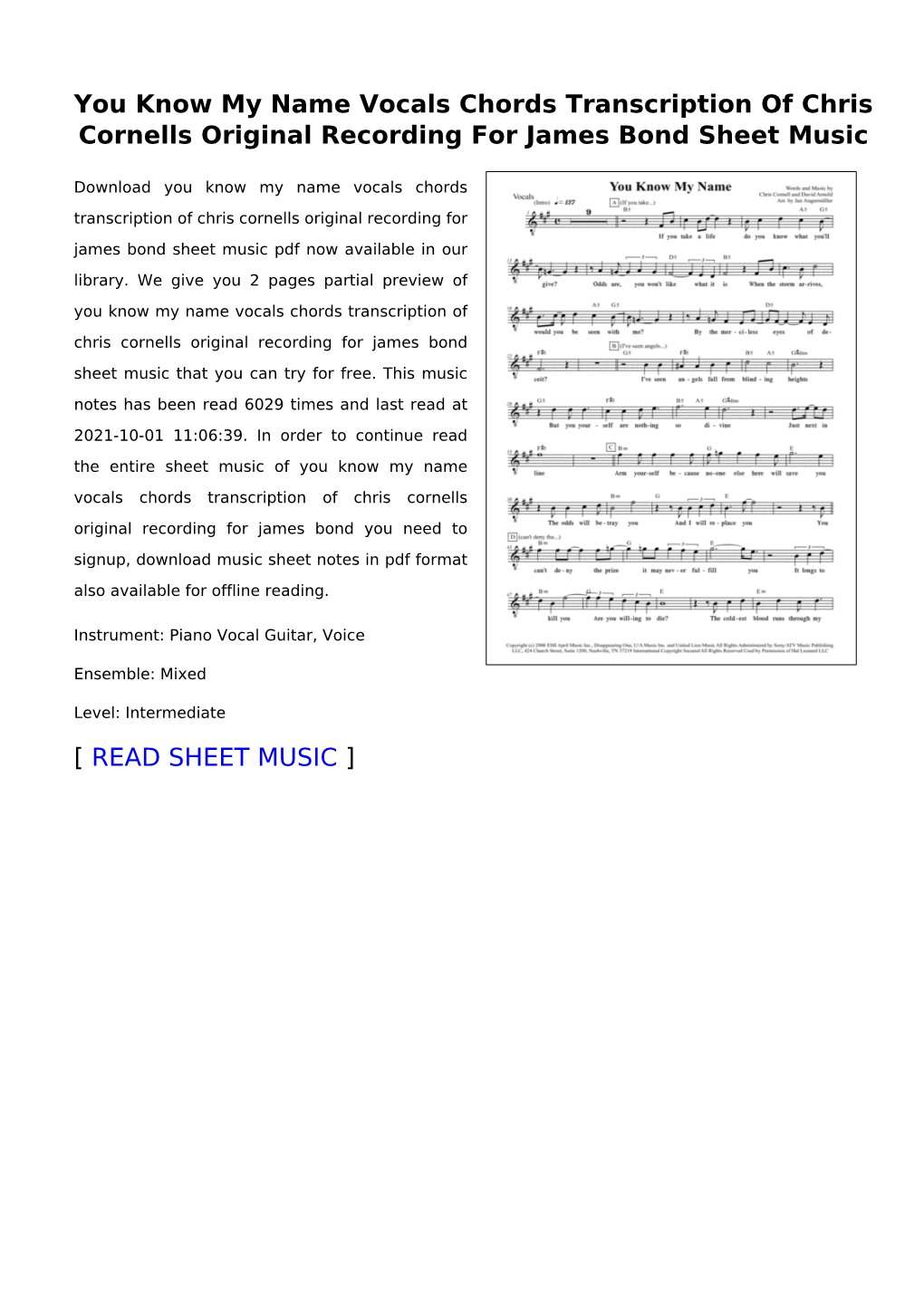 You Know My Name Vocals Chords Transcription of Chris Cornells Original Recording for James Bond Sheet Music