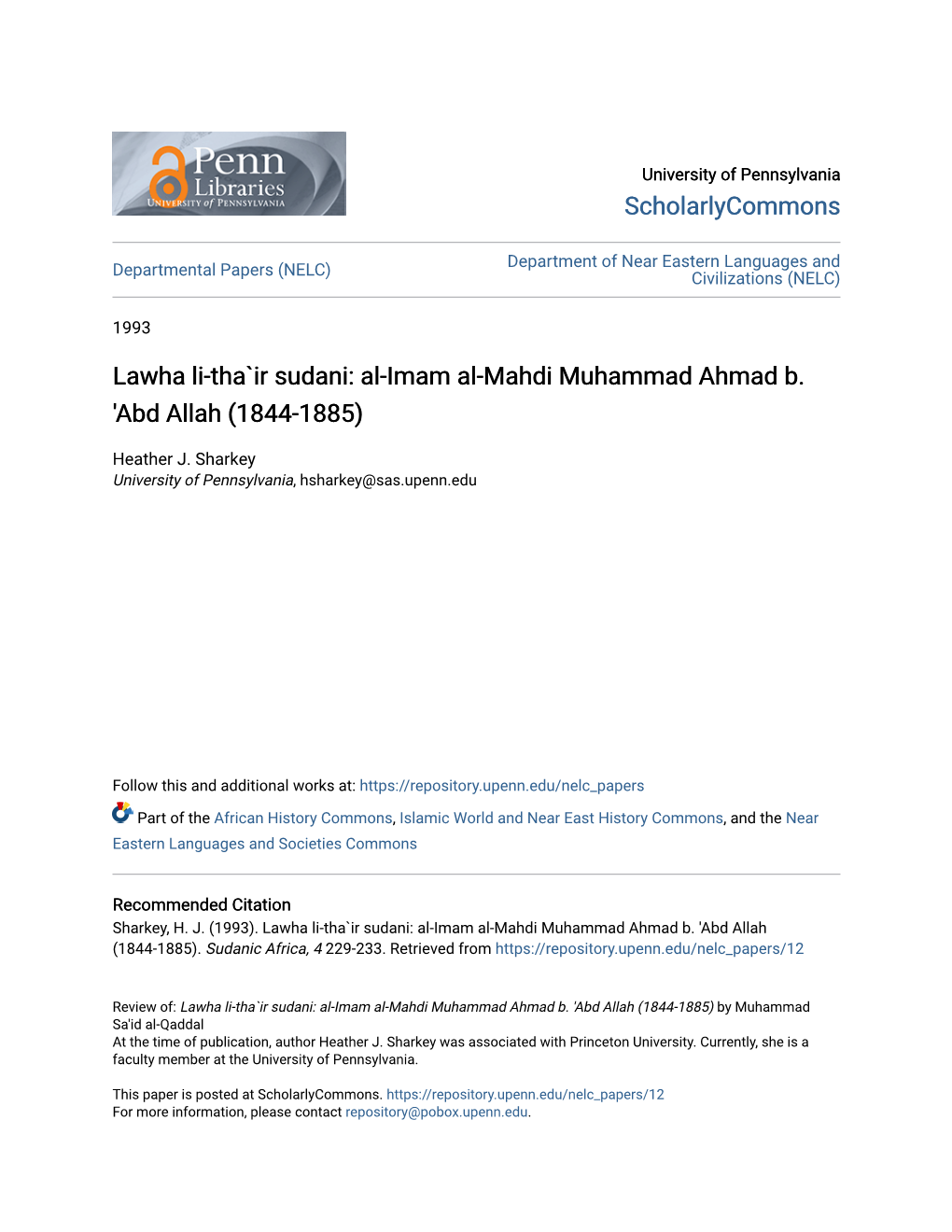 Al-Imam Al-Mahdi Muhammad Ahmad B. 'Abd Allah (1844-1885)