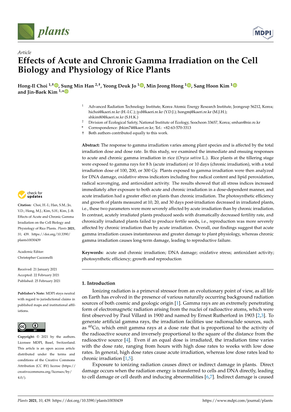 Effects of Acute and Chronic Gamma Irradiation on the Cell Biology and Physiology of Rice Plants