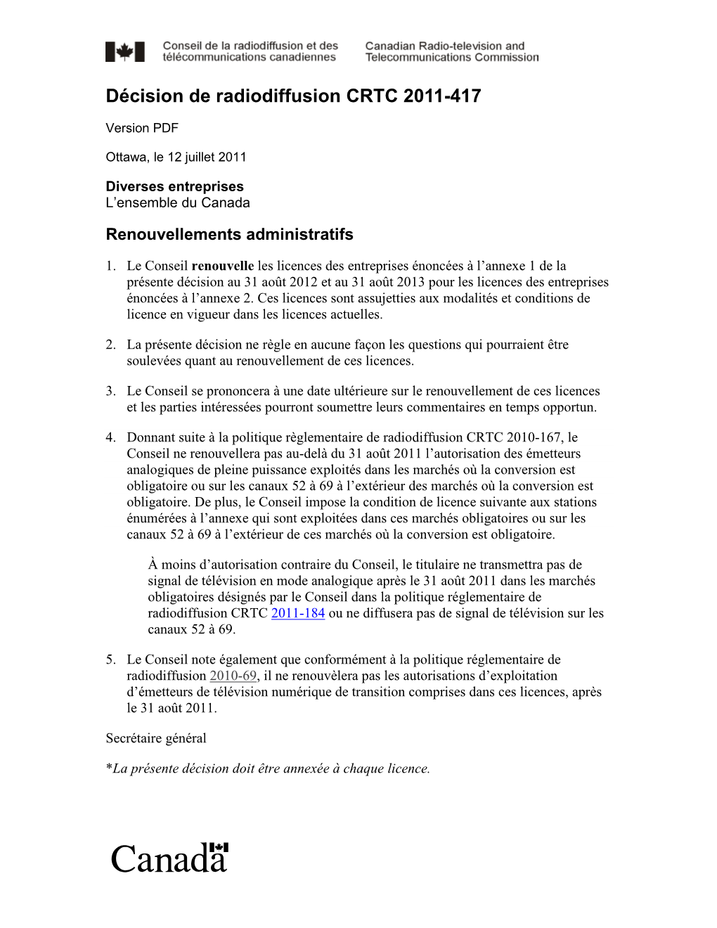 Décision De Radiodiffusion CRTC 2011-417