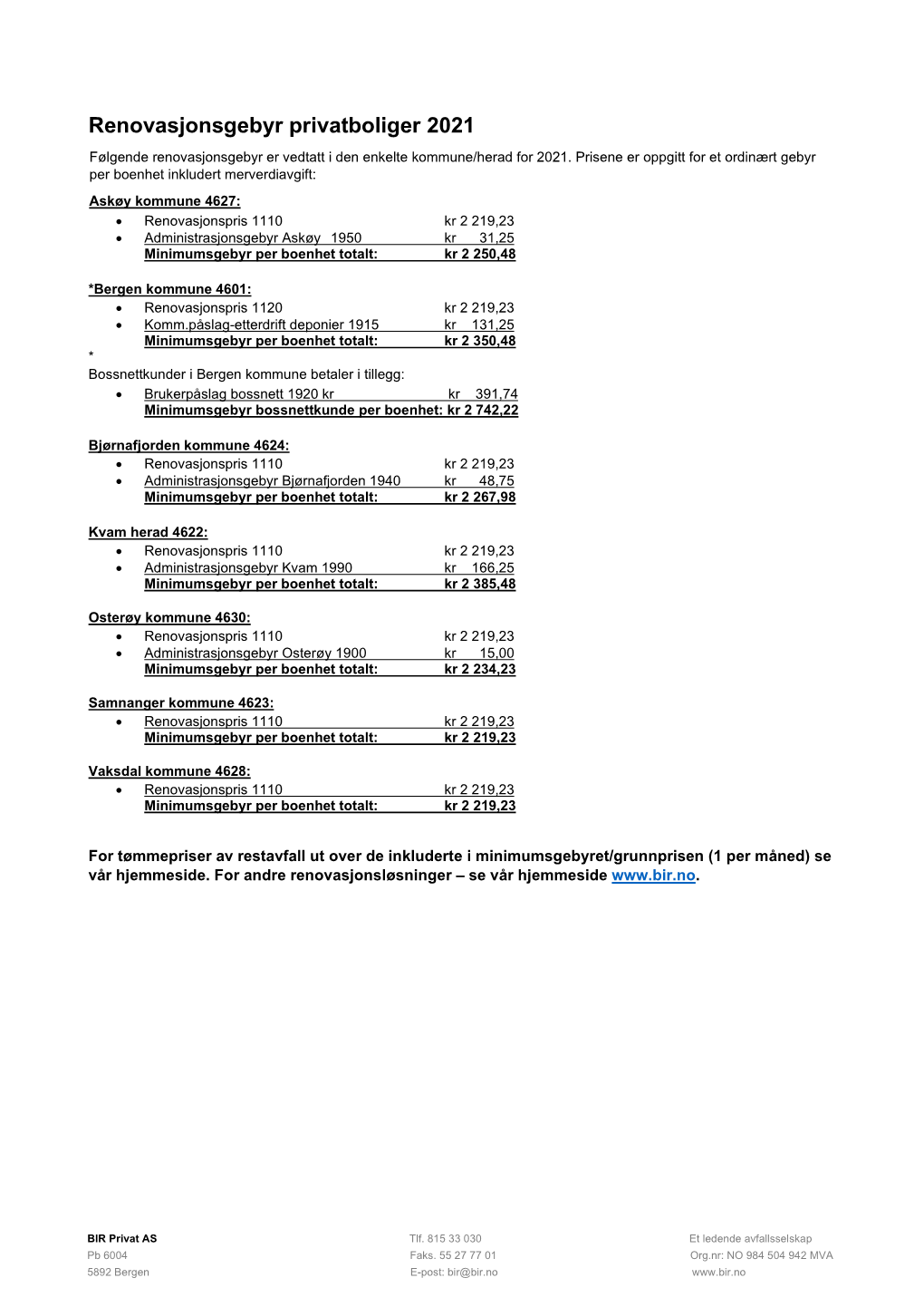 Renovasjonsgebyr Privatboliger 2021 Følgende Renovasjonsgebyr Er Vedtatt I Den Enkelte Kommune/Herad for 2021
