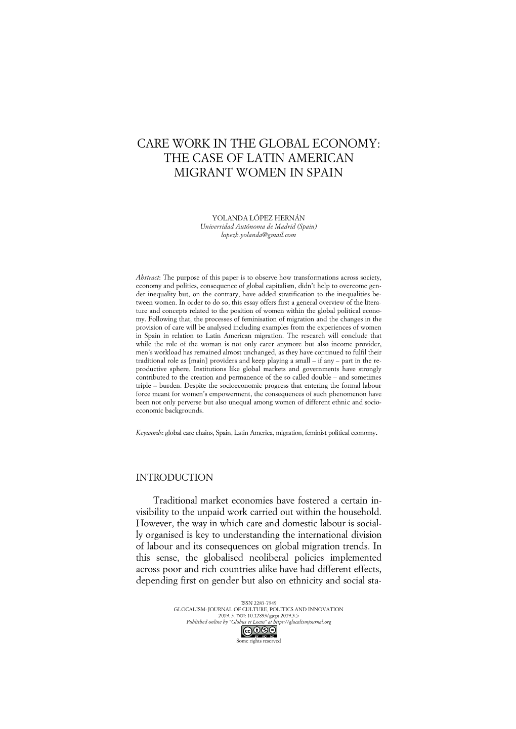 Care Work in the Global Economy: the Case of Latin American Migrant Women in Spain