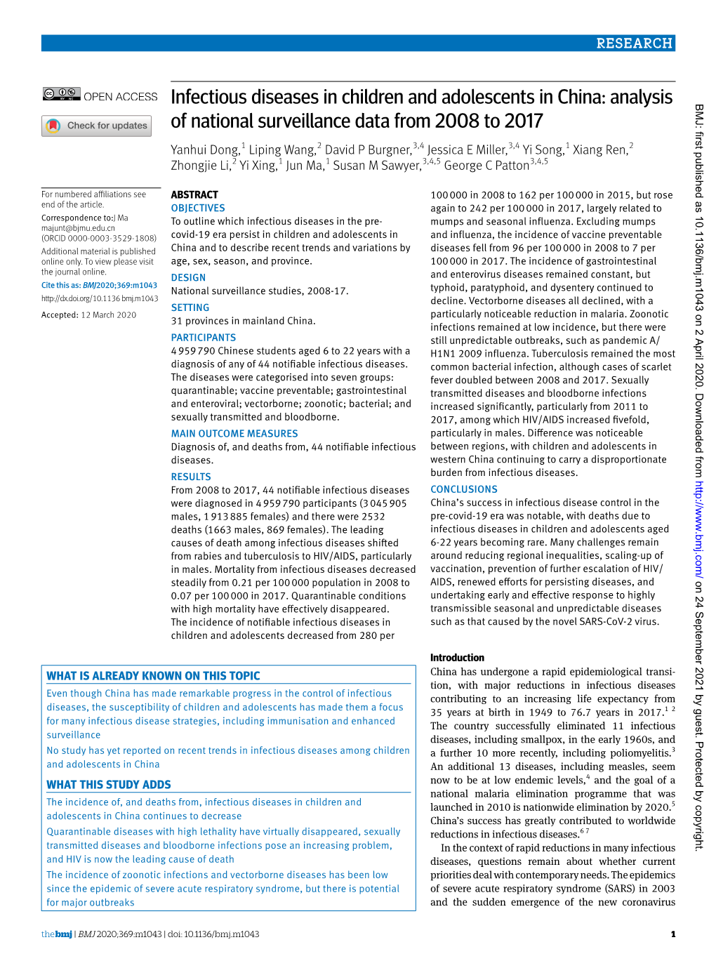 Infectious Diseases in Children and Adolescents in China: Analysis BMJ: First Published As 10.1136/Bmj.M1043 on 2 April 2020