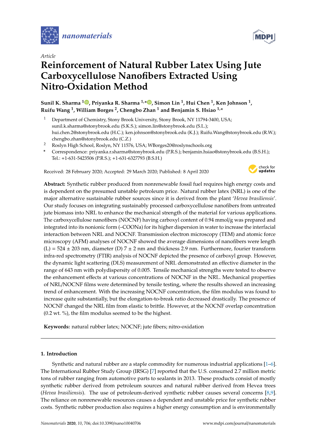 Reinforcement of Natural Rubber Latex Using Jute Carboxycellulose Nanofibers Extracted Using Nitro-Oxidation Method