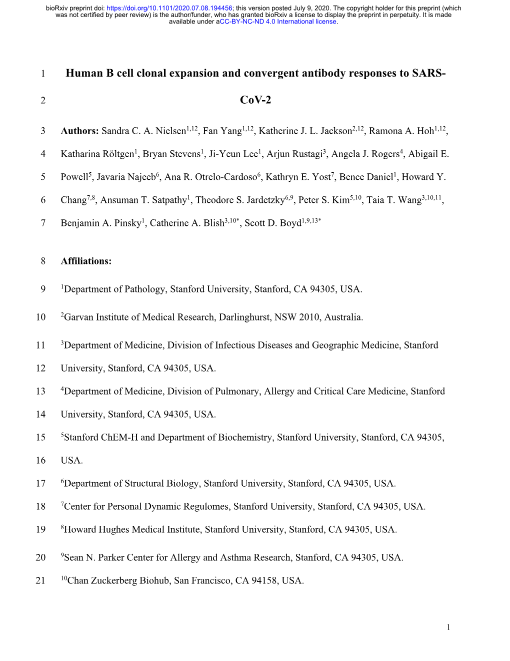 Human B Cell Clonal Expansion and Convergent Antibody Responses to SARS-Cov-2