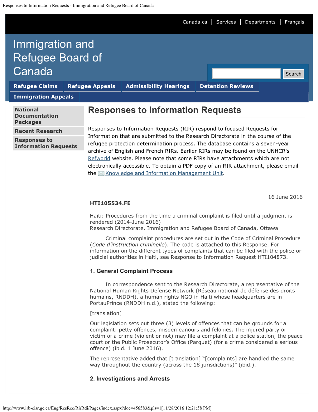 Responses to Information Requests - Immigration and Refugee Board of Canada