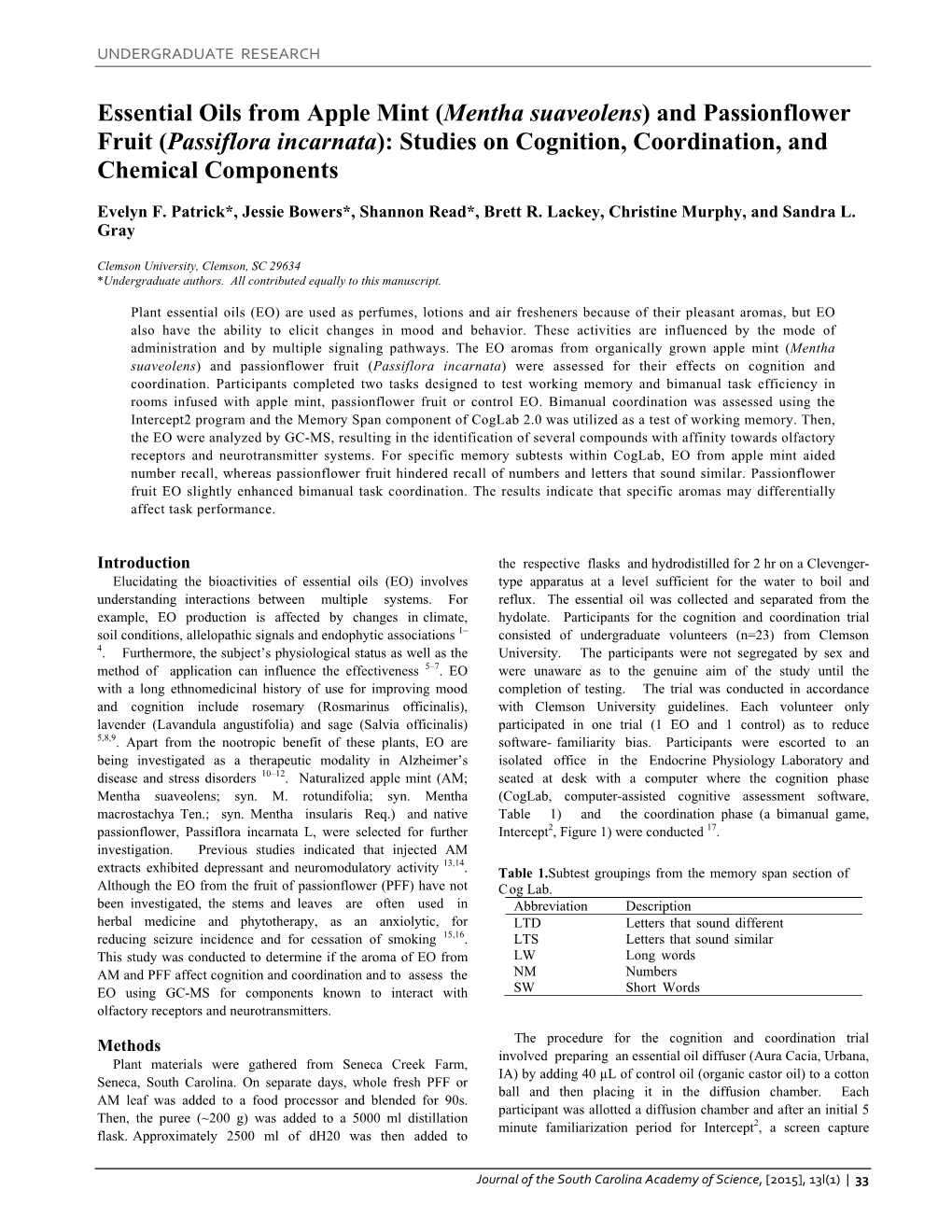 Essential Oils from Apple Mint (Mentha Suaveolens) and Passionflower Fruit (Passiflora Incarnata): Studies on Cognition, Coordination, and Chemical Components