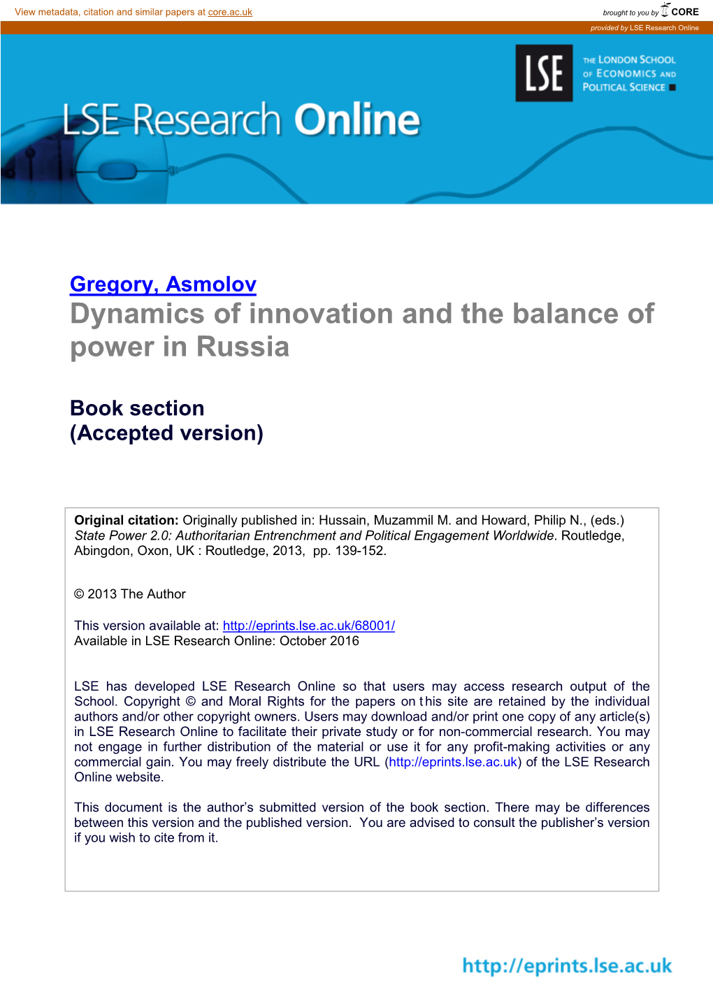 Dynamics of Innovation and the Balance of Power in Russia