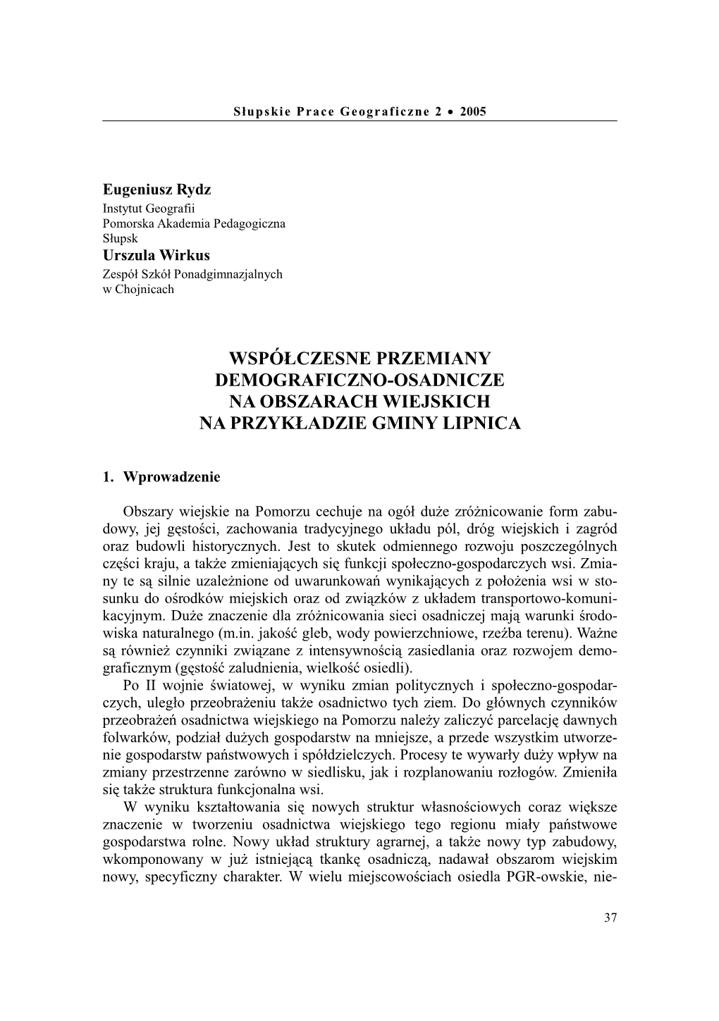 Współczesne Przemiany Demograficzno-Osadnicze Na Obszarach Wiejskich Na Przykładzie Gminy Lipnica