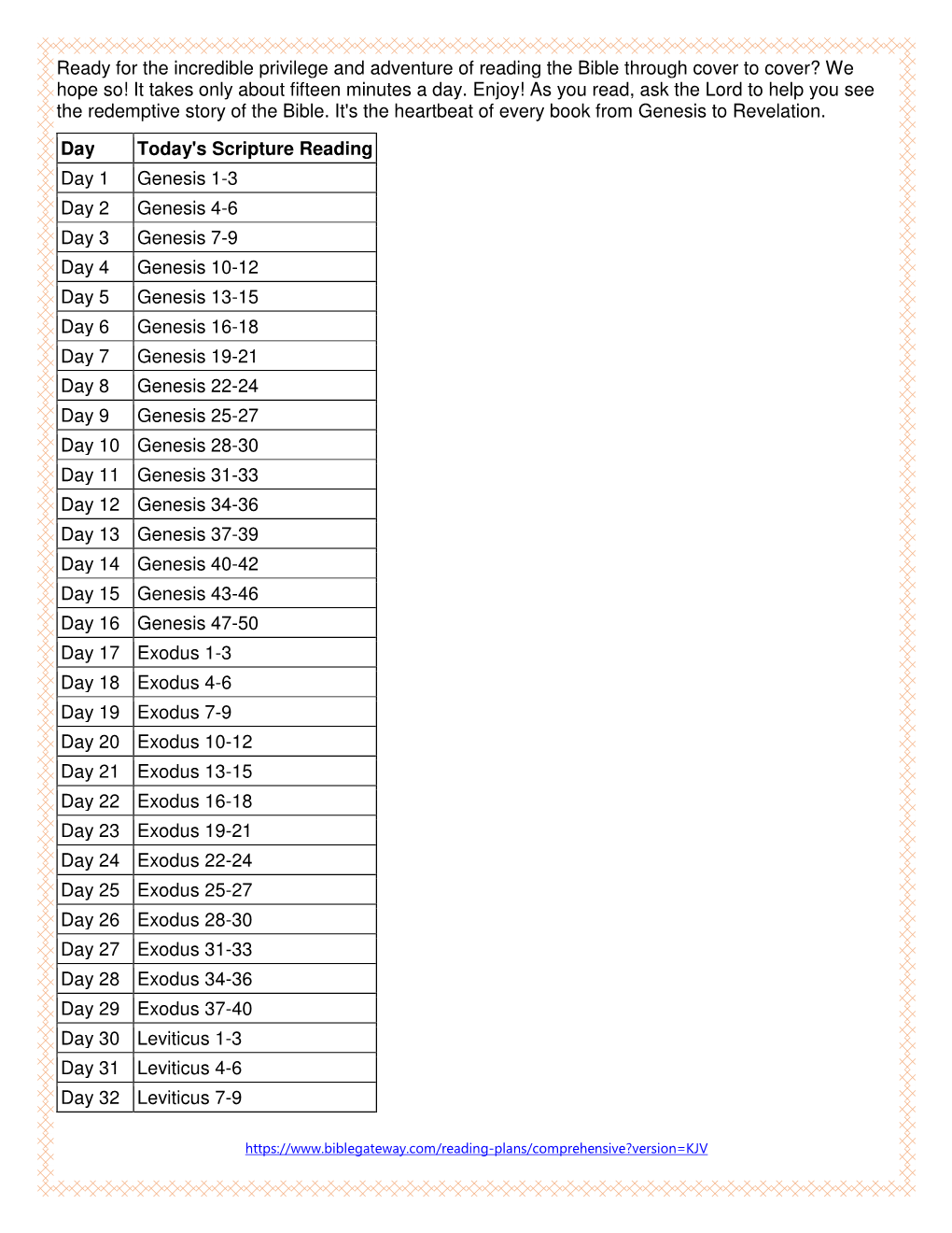 Full Year Bible Reading Calendar