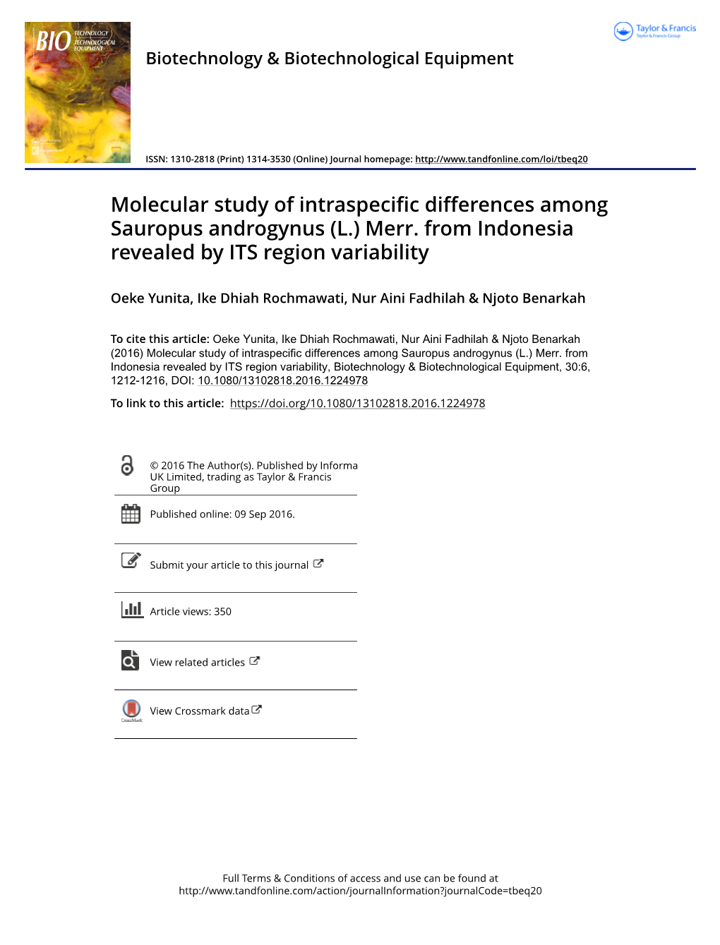 Molecular Study of Intraspecific Differences Among Sauropus Androgynus (L.) Merr