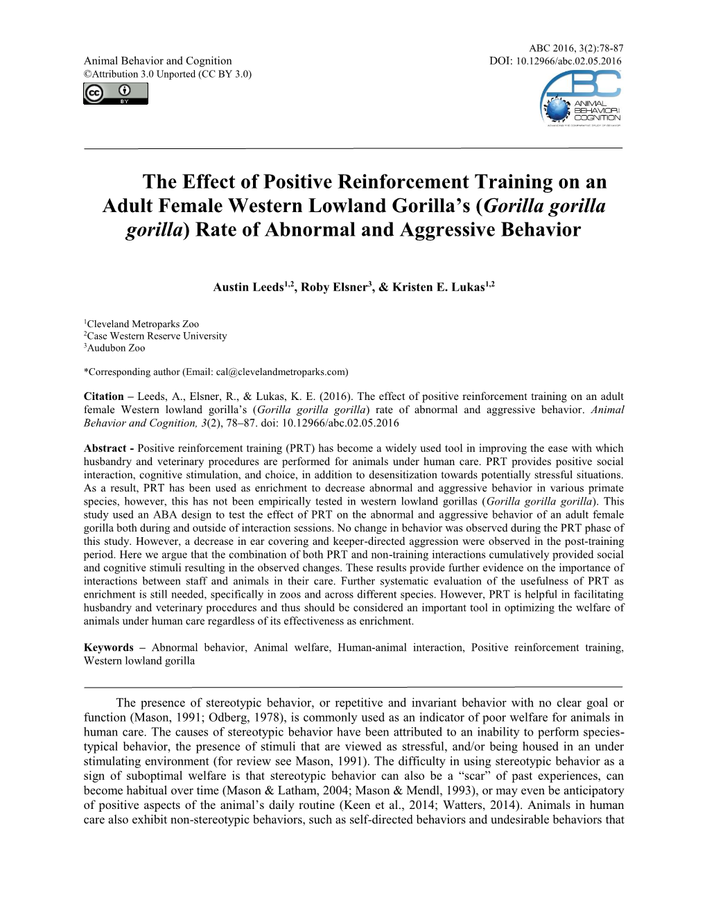 The Effect of Positive Reinforcement Training on an Adult Female Western Lowland Gorilla’S (Gorilla Gorilla Gorilla) Rate of Abnormal and Aggressive Behavior