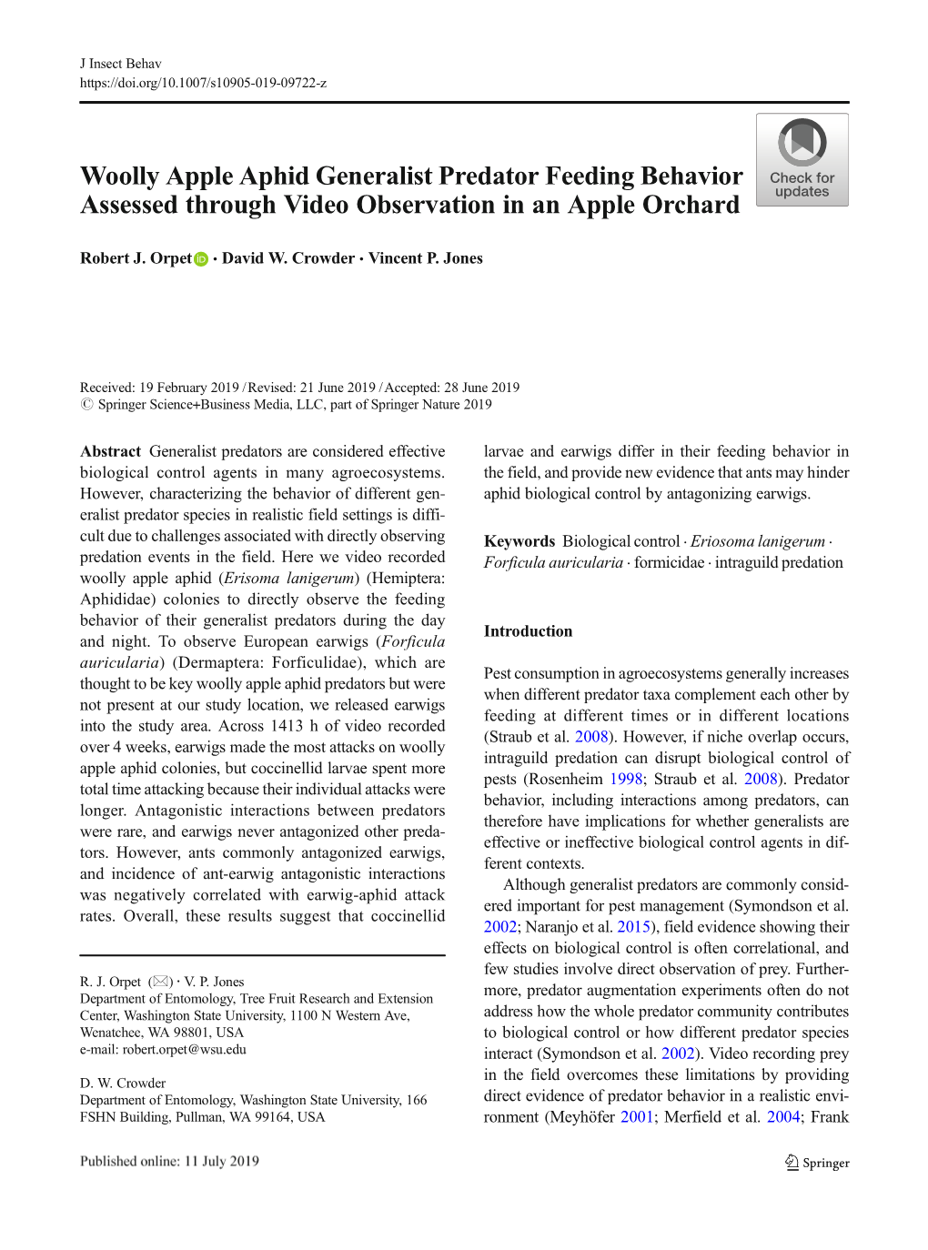 Woolly Apple Aphid Generalist Predator Feeding Behavior Assessed Through Video Observation in an Apple Orchard